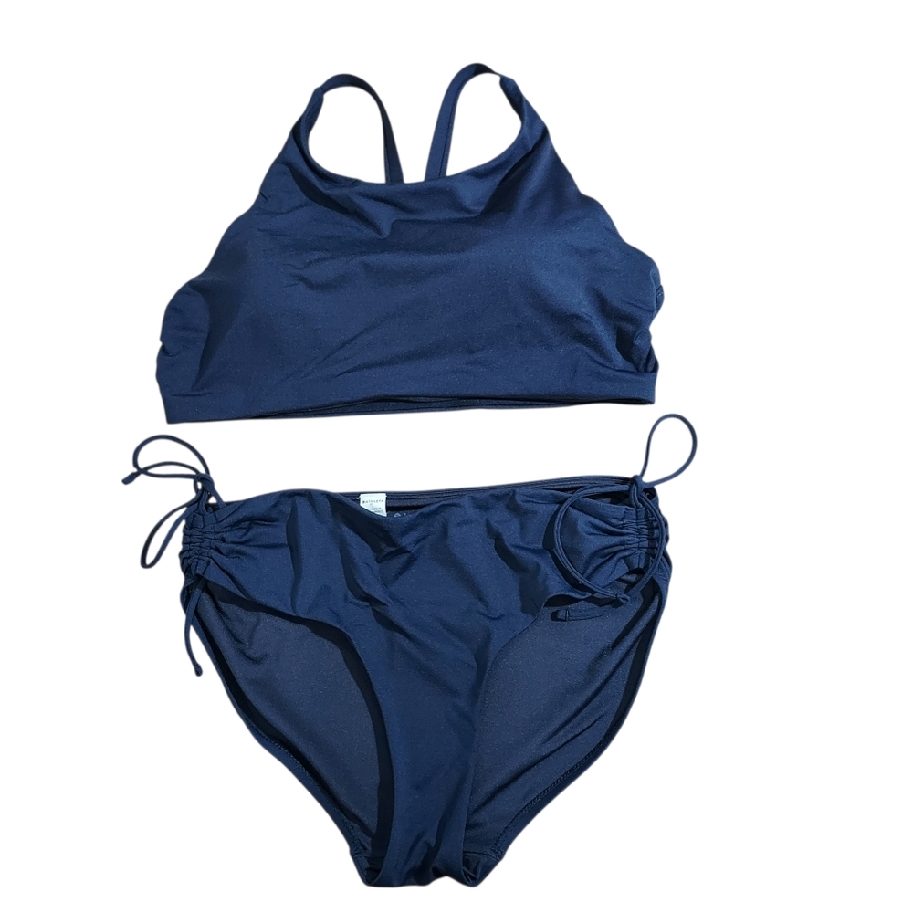 Athleta Navy High Neck Bikini Top And Cinch Side Bottoms M